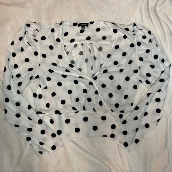AFRM White and Black Puff Sleeve Fitted Blouse Size Large - Picture 2 of 6